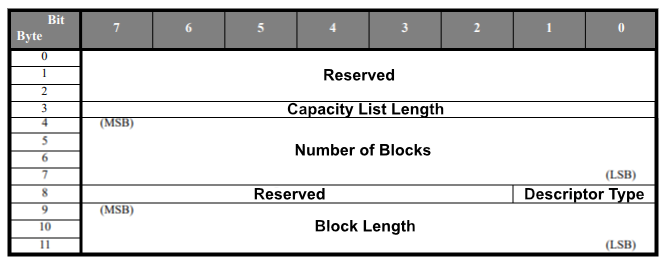 Read Format Capacity reply structure